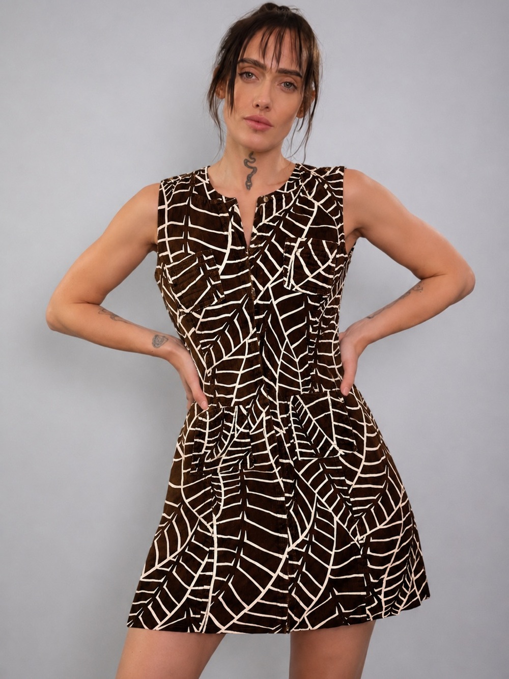 Tory Burch Brown & White Leaf Print Sleeveless Fit & Flare Dress Women’s Size 2